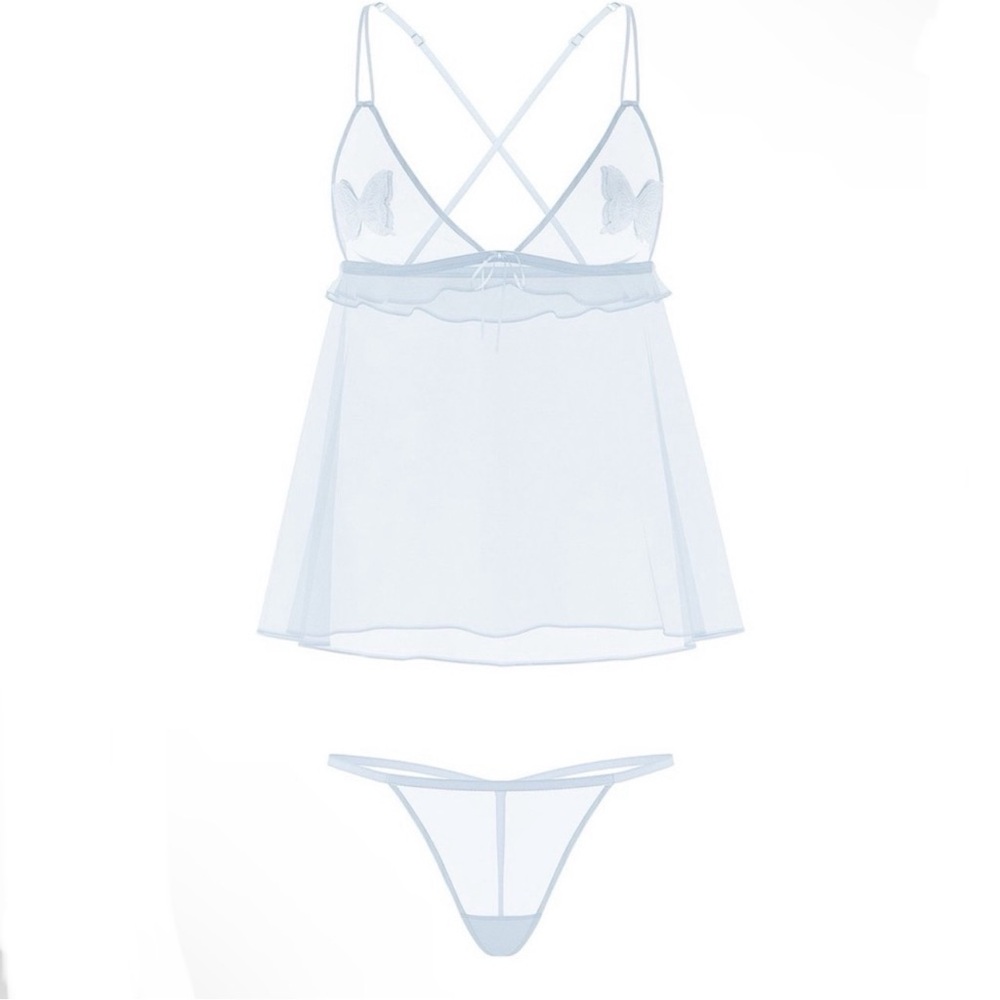 Victoria's Secret Tease blue ruffles butterfly mesh babydoll sets lingerie